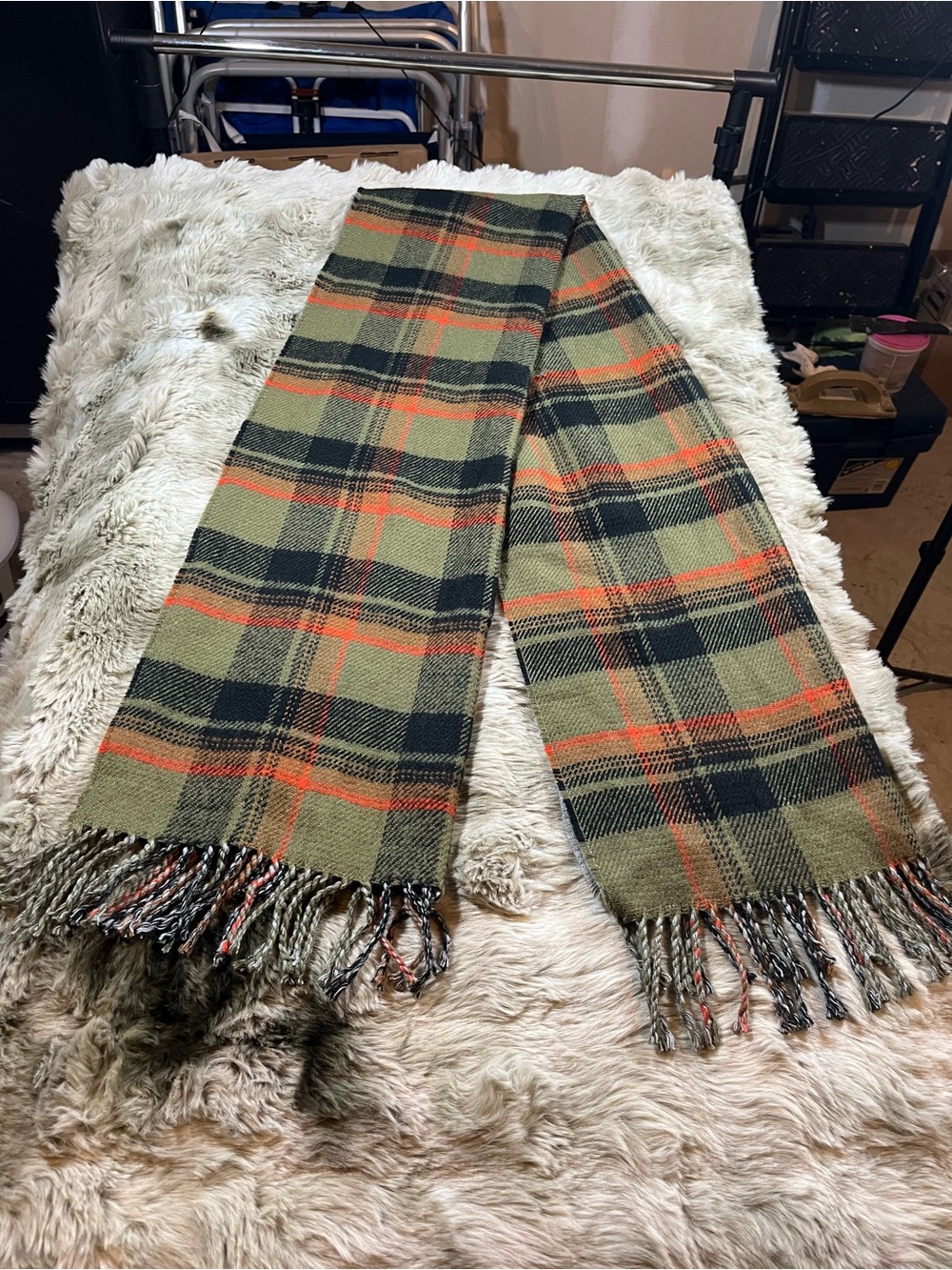 Banana Republic Olive Plaid Fringe Scarf with Orange and Black Accents